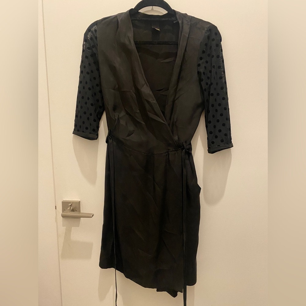 Petite Scotch & Soda Black Wrap Dress With Sheer Polka Dot Sleeves